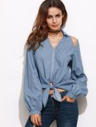 Romwe Blue Cutout Zip Up Knot Front Chambray Blouse