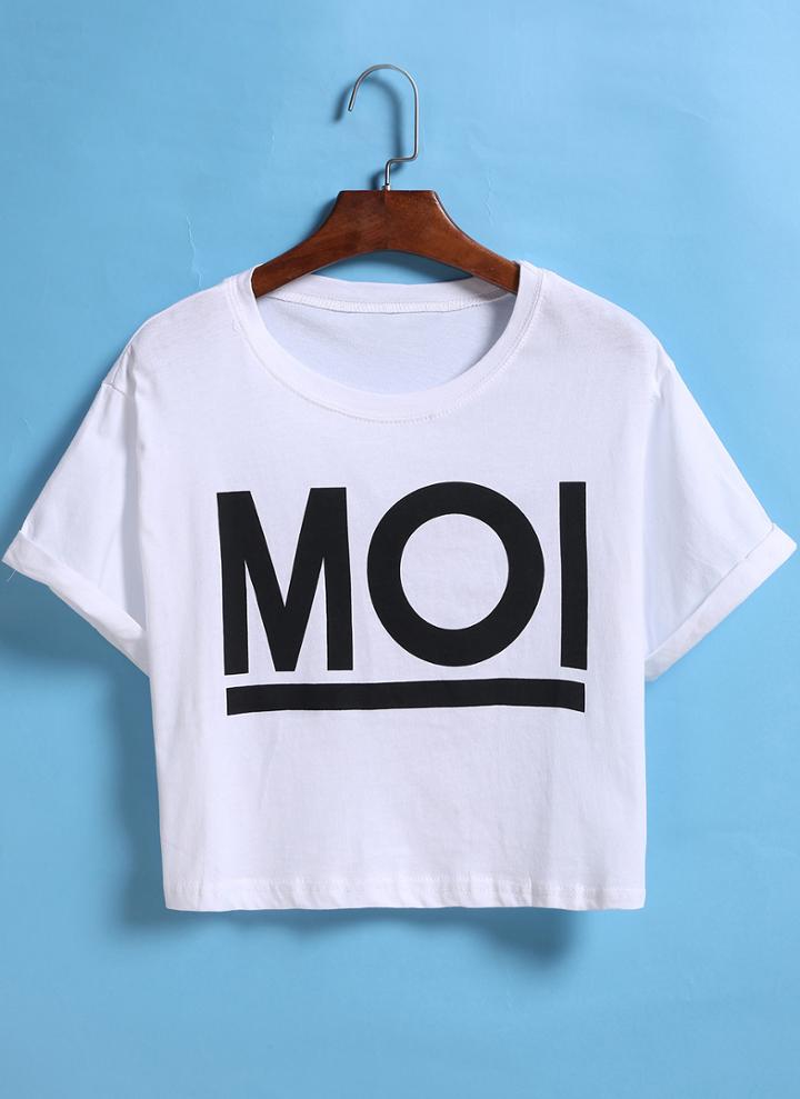 Romwe White Short Sleeve Moi Print Crop T-shirt