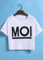 Romwe White Short Sleeve Moi Print Crop T-shirt