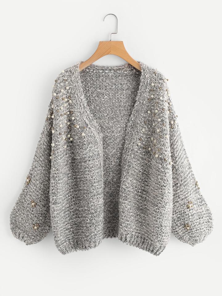 Romwe Pearl Beading Open Front Cardigan
