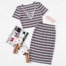 Romwe Striped Criss Cross Ribbed Crop Tee With Skirt