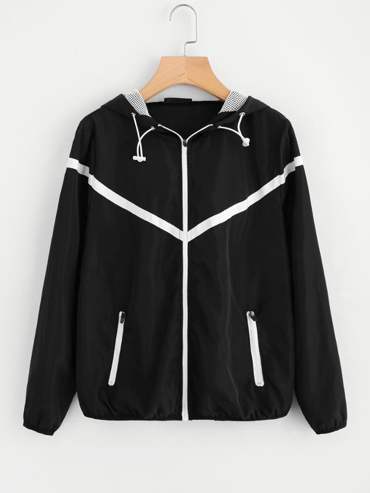 Romwe Contrast Woven Tape Applique Windbreaker Hooded Jacket