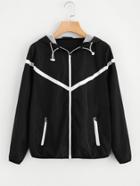 Romwe Contrast Woven Tape Applique Windbreaker Hooded Jacket