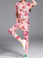 Romwe Pink Floral Top With Elastic-waist Pants