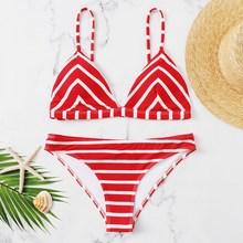 Romwe Chevron Top With Striped Bikini Set
