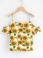 Romwe Sunflower Print Open Shoulder Top