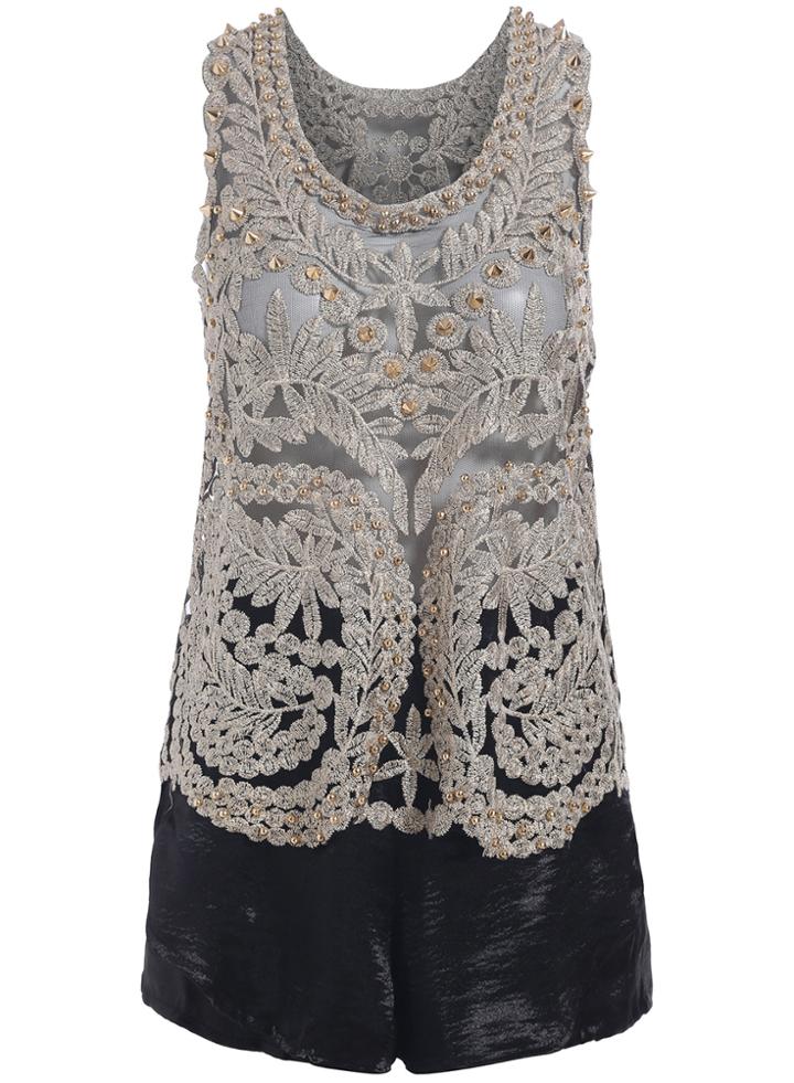 Romwe Lace Rivet Tank Top With Elastic Waist Shorts