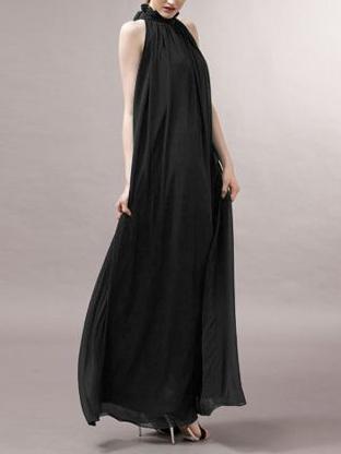 Romwe Black Belted Ruffle Halter Neck Chiffon Dress