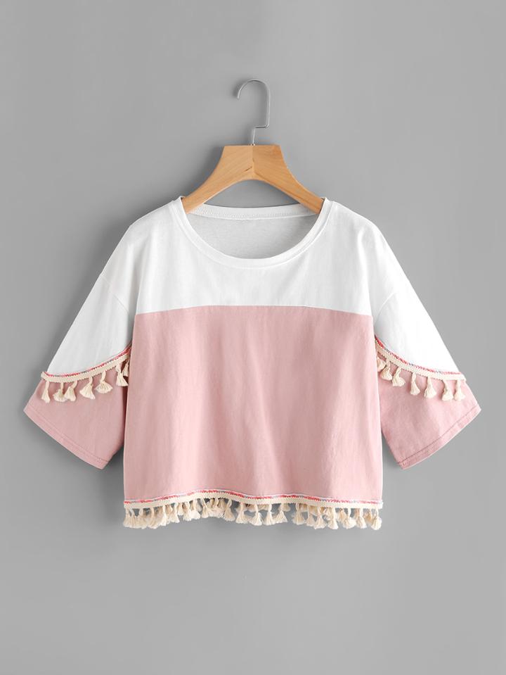 Romwe Fringe Trim Color Block Tee