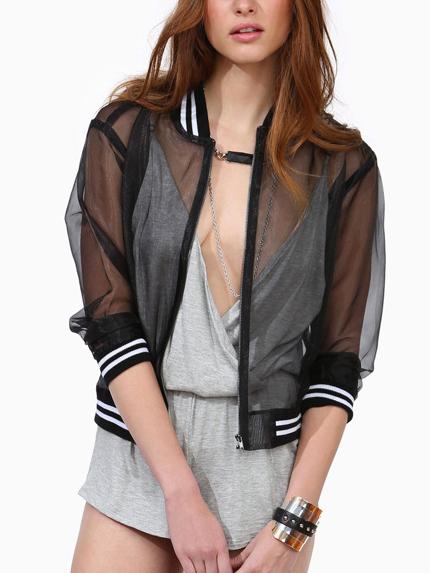 Romwe Women Black Sheer Contrast Trims Jacket