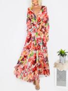 Romwe Flower Print Plunging V-neck Full Length Dress