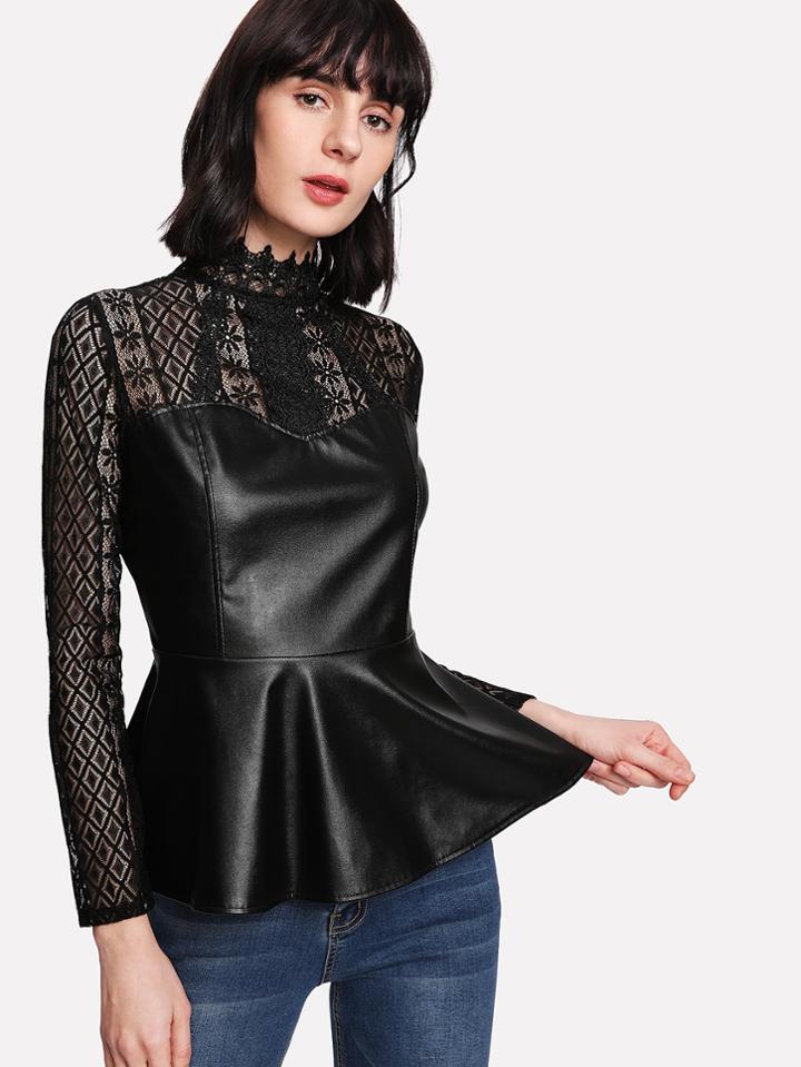 Romwe Lace Panel Pu Top