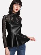 Romwe Lace Panel Pu Top