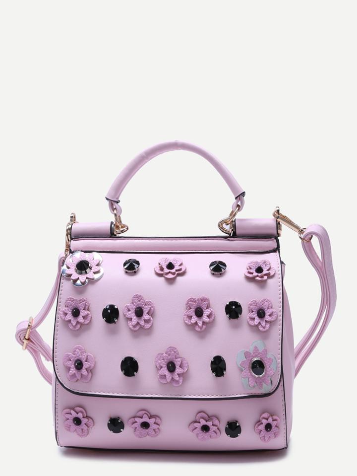 Romwe Pink Flower And Rhinestone Embellished Pu Handbag With Strap