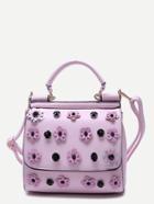 Romwe Pink Flower And Rhinestone Embellished Pu Handbag With Strap