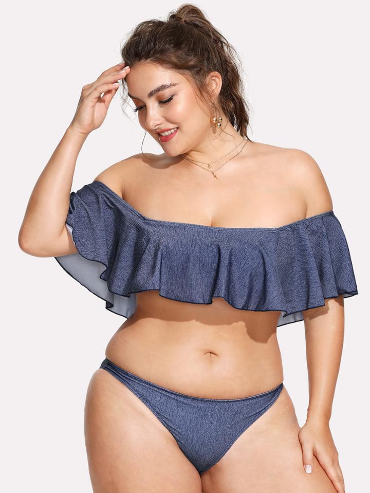 Romwe Off The Shoulder Flounce Bikini Set