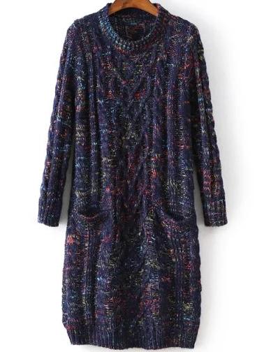 Romwe Long Sleeve Pockets Navy Sweater Dress