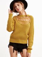 Romwe Mustard Hollow Out Ribbed Knit Pullover Sweater