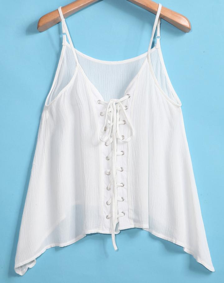 Romwe Spaghetti Strap Bandage White Cami Top