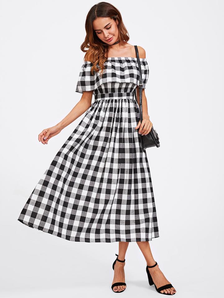 Romwe Flounce Bardot Gingham Dress