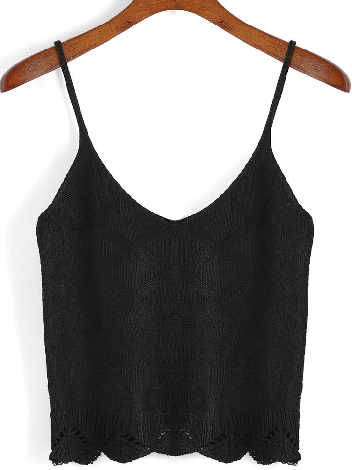 Romwe Spaghetti Strap Diamond Pattern Scalloped Cami Top