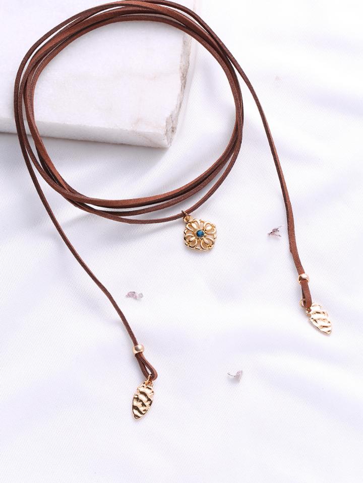 Romwe Brown Layered Wrap Choker With Flower Pendant