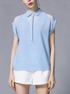 Romwe Lapel Short Sleeve Blue Blouse