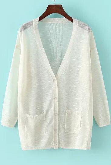 Romwe V Neck With Pockets Beige Cardigan