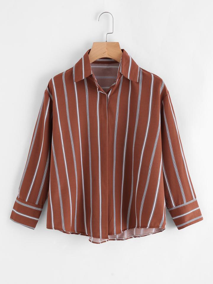 Romwe Striped Lapel Dip Hem Blouse