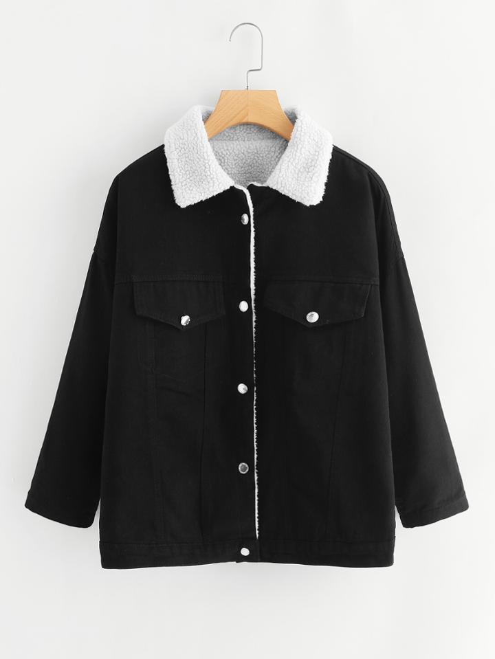 Romwe Slogan Embroidered Back Sherpa Lined Jacket