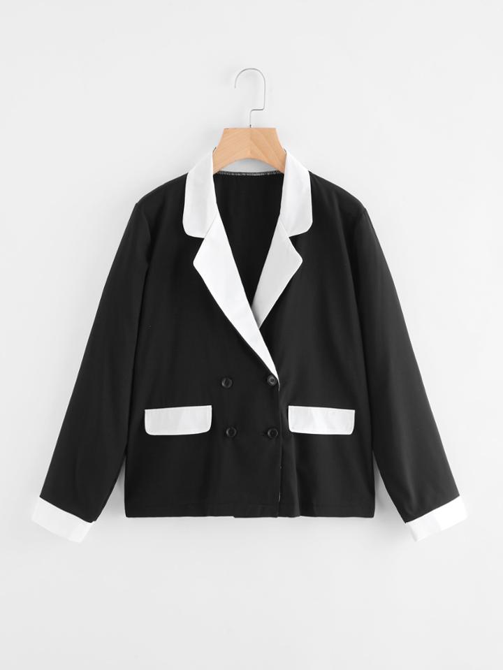 Romwe Double Breasted Contrast Trim Blazer