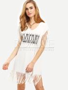Romwe White V Neck Letters Print Tassel T-shirt Dress