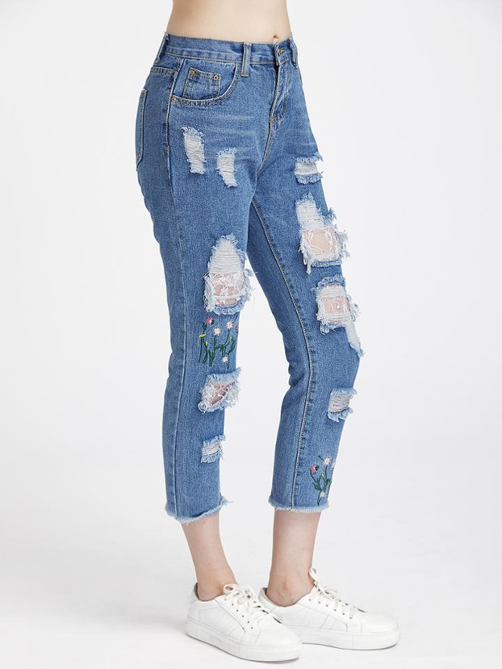 Romwe Floral Embroidered Distressed Fray Hem Crop Jeans