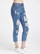 Romwe Floral Embroidered Distressed Fray Hem Crop Jeans