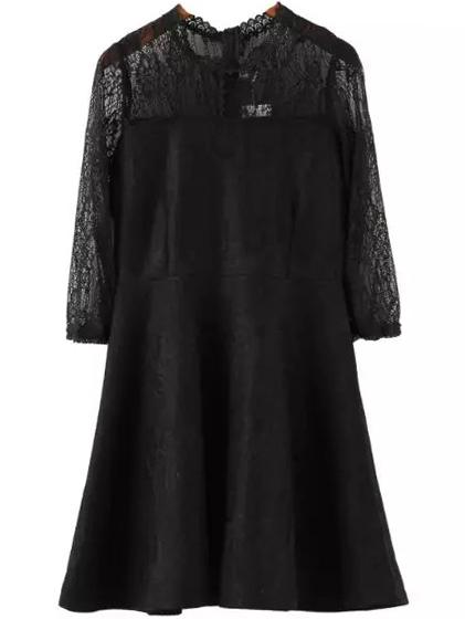 Romwe Round Neck Lace Insert Flare Dress