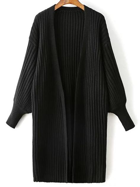 Romwe Black Ribbed Drop Shoulder Lantern Sleeve Cardigan
