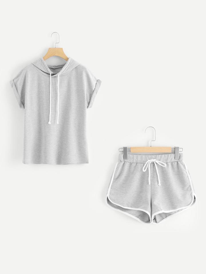 Romwe Roll Up Sleeve Hoodie And Contrast Trim Shorts