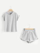 Romwe Roll Up Sleeve Hoodie And Contrast Trim Shorts