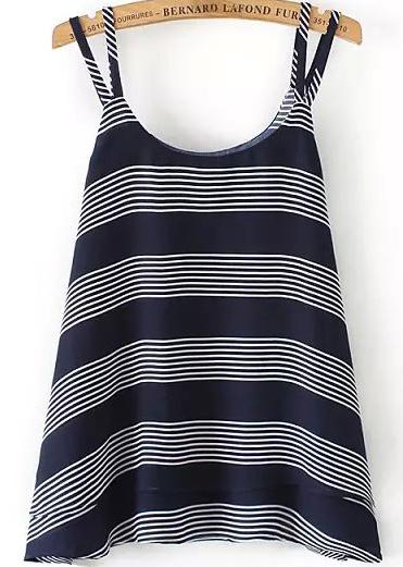 Romwe Spaghetti Strap Striped Chiffon Navy Cami Top
