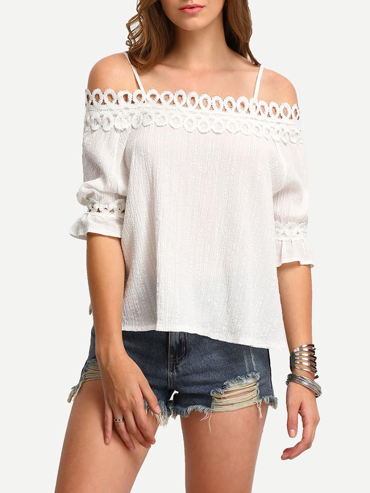 Romwe Cold Shoulder Lace Insert Shirt