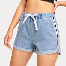 Romwe Drawstring Waist Side Stripe Denim Shorts