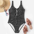 Romwe Random Striped Lace-up Low Back One Piece Swimsuit