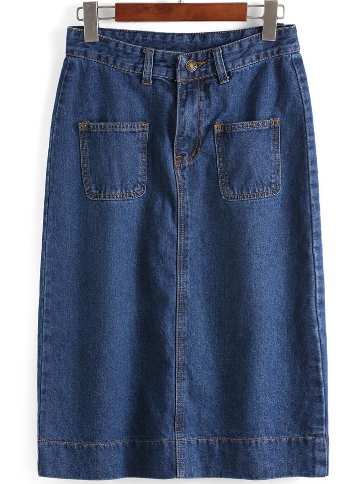 Romwe Slit Pockets Denim Skirt