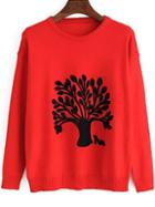 Romwe Tree Embroidered Red Sweater
