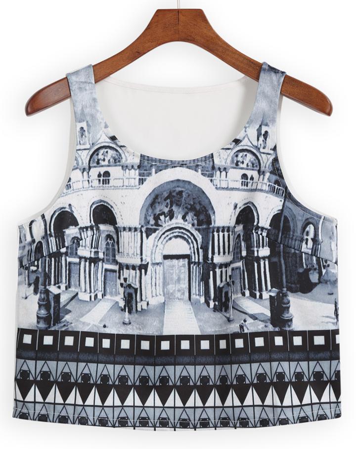 Romwe Scoop Neck Building Print Tank Top
