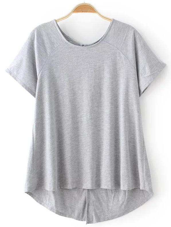 Romwe Grey Dipped Hem Split Back T-shirt