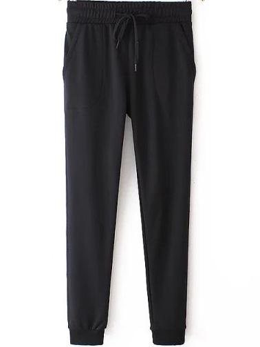 Romwe Elastic Waist Drawstring Pockets Black Pant