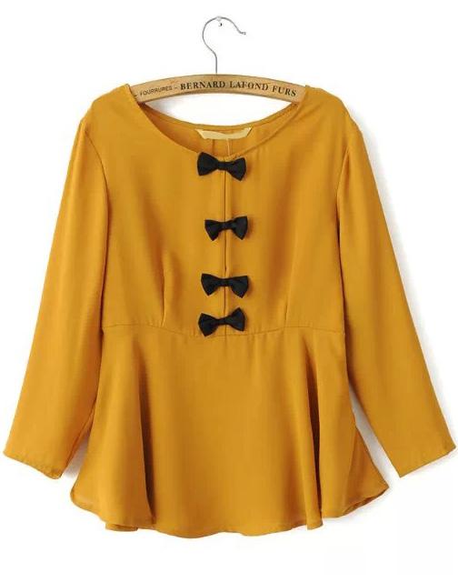 Romwe Yellow Long Sleeve Bow Ruffle Chiffon Blouse