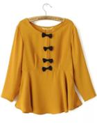 Romwe Yellow Long Sleeve Bow Ruffle Chiffon Blouse