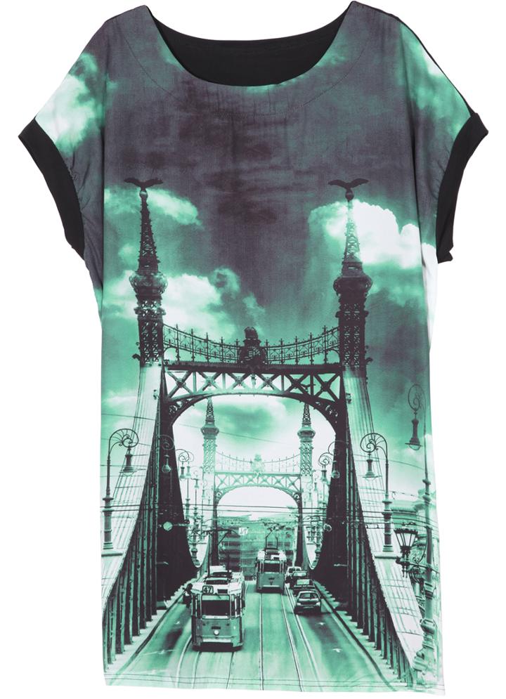 Romwe Round Neck Bridge Print Green T-shirt